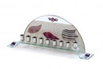 Judaica Arched Glass Hanukkah Menorah with a Big Stripe Lilac Pomegranate