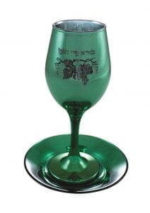 Green Glass Kiddush Cup with Grapes Hebrew Text and Matching Plate Judaica