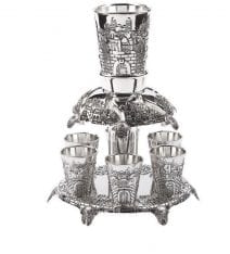 Judaica Silver Fountain with 6 Cups Jerusalem Theme Israel Gift