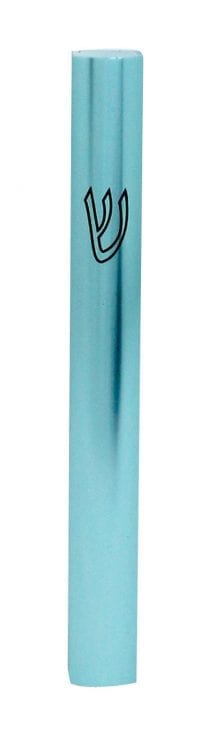 Judaica Aluminum Semi Round Mezuzah Case with Shin Printed in Turquoise