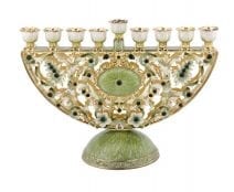 Judaica Jewled Green and White Half Round Hanukkah Menorah with Amber Crystals
