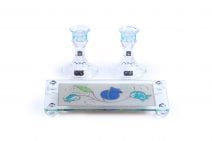 Lily Art Hand Made Painted Glass 3.9” Candlesticks and Tray Blue and Turquoise Pomegranates