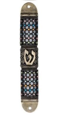 Judaica Mezuzah Case with the letter Shin & Honeycomb Pattern Brass and Enamel