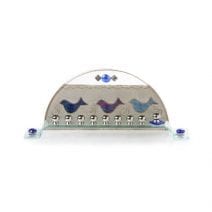 Lily Art Glass Arched Hanukkah Menorah with blue colored birds Judaica