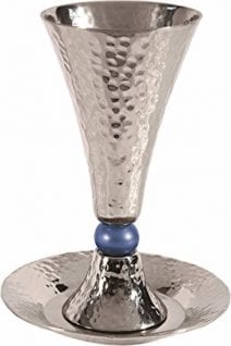 Anodized Aluminum Hammer Work Kiddush Cup with Plate Yair Emanuel Judaica