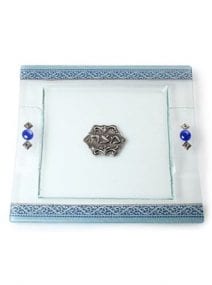 Lily Art Glass Matza Plate with Blue Floral Pattern