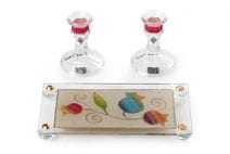 Lily Art Hand Made Painted Glass 3.9” Candlesticks and Tray Colorful Pomegranates