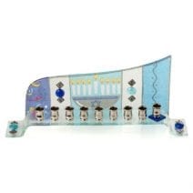 Judaica Hanukkiah Glass Hanukkah Menorah Israel Flag and Candles Lit Wave Design