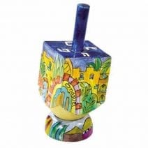 Yair Emanuel Sevivon Wooden Dreidel with Stand Holly Jerusalem Hanukkah