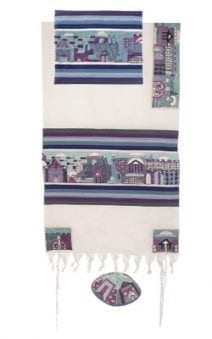Yair Emanuel Tallit Set Hand Full Embroidered Jerusalem in BlueTheme