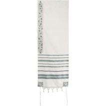 Yair Emanuel Tallit Wool Pomegranates Embroidered Atara & Corners in White & Gray