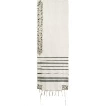 Yair Emanuel White Tallit Wool Pomegranates Embroidered Atara & Corners in Black & Gray