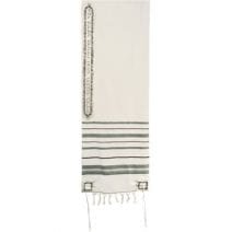 White Tallit Wool Jerusalem Embroidered Atara & Corners in Black & Gray
