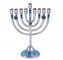  Aluminum & Blue Hanukkah Menorah with Dreidel Charm