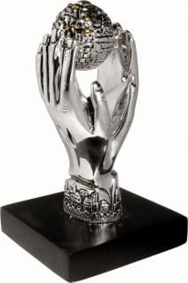 Jerusalem Globe Miniature Held by Two Hands – Electroformed Silver