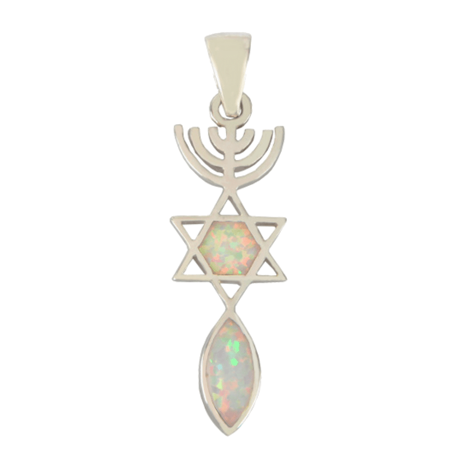 925 Sterling Silver Messianic Necklace Blue Opal Star of David Pendant Israel Menorah Jerusalem Seal Charm