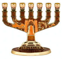 7 Branch Jerusalem Menorah Brown Enamel with Orange and Golden Undertones