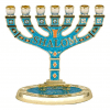 7 Branch Menorah with Bright Turquoise Enamel & Golden Undertones "SHALOM"