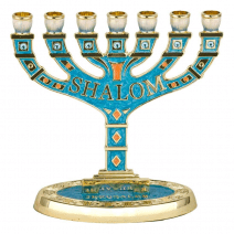 7 Branch Menorah with Bright Turquoise Enamel & Golden Undertones "SHALOM"