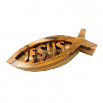 Hand Carved Solid Olive Wood Ichthys Fish Paperweight with Jesus Engraved