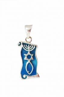 925 Silver Messianic Seal “ Grafted In” on Scroll Pendant - Blue Turquoise Enamel