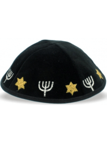 Black Velvet Kippah with Menorahs and Stars of David 