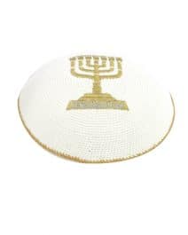 White Cotton Knitted Kippah with Gold Menorah & Jerusalem 