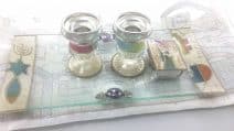 Glass Sabbath Candlesticks with Messianic Symbol,Holy Land View & Matches