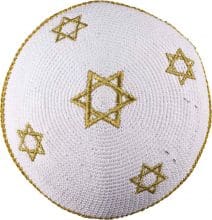 Knitted White Cotton Gold Stars of David Kippah - Holy Land Gift
