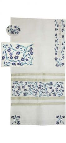 Embroidered Blue Pomegranates Tallit Set