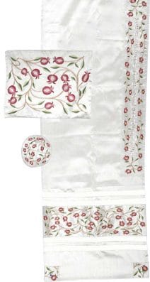 Embroidered Pomegranates White Tallit w/ Kippah &Tallit Bag 
