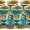 Jeweled Jerusalem Set of 6 Kiddush/Liqueur Cups & Tray 24K Gold Plated Turquoise & Turquoise Sapphire Crystals