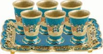 Jeweled Jerusalem Set of 6 Kiddush/Liqueur Cups & Tray 24K Gold Plated Turquoise &  Turquoise Sapphire Crystals