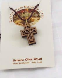 Cross With Jesus Name Engraved Pendant in Holy Land Olive Wood