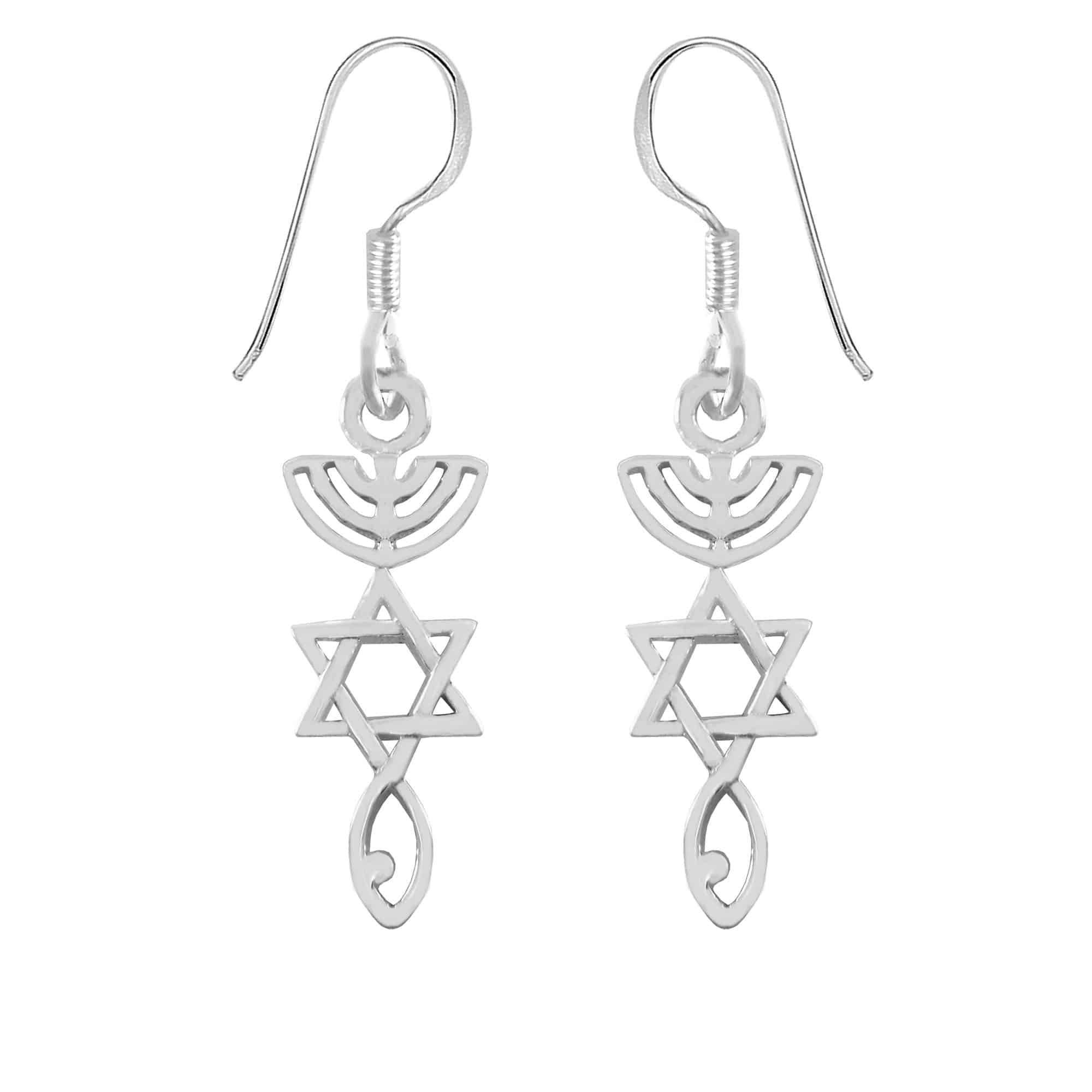 Earrings 925 Silver Grafted Messianic Seal Star of David Menorah Fish