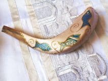 Hand Painted Ram Horn Shofar, Fish Pattern - Holy Land Gift