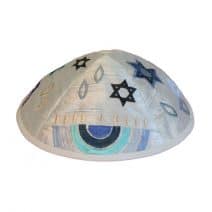 Yair Emanuel Embroidered Tallit Set Menorahs & Stars of David Symbols in Blue 