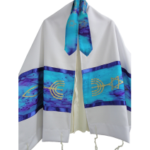 Hand Painted Silk Tallit with Messianic Seal  - Turquoise