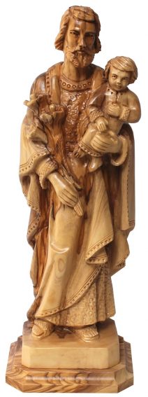 Olive Wood St. Joseph carrying baby Jesus and flowers