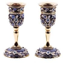 Jeweled Shabbat Candlesticks with Flowers - Blue