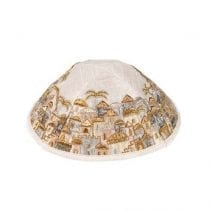 White Kippah Embroidered with Jerusalem in Gold & Silver