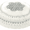 Judaica White Knitted Kippah with Silver Star of David and Stripes