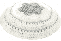 Judaica White Knitted Kippah with Silver Star of David and Stripes