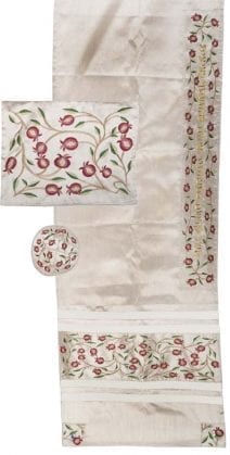 Embroidered Pomegranates with Off White Tallit w/ Kippah &Tallit Bag
