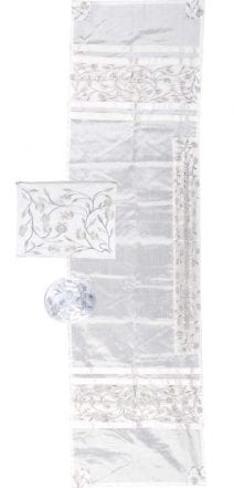 Embroidered White Pomegranates with White Tallit w/ Kippah &Tallit Bag