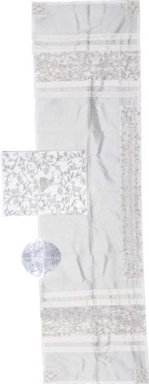 Tallit Embroidered Birds and Pomegranates in Silver Kippah and Tallit Bag