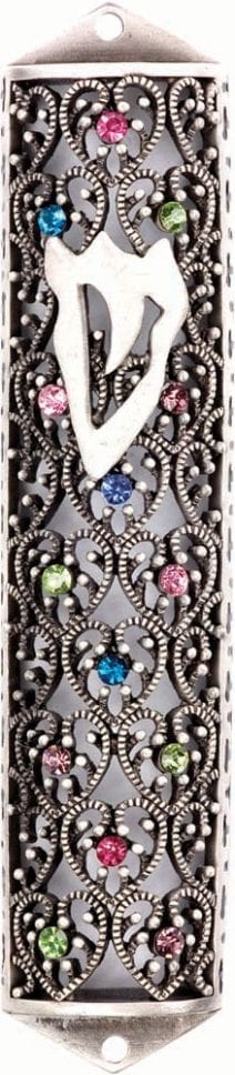 Jeweled Pewter Mezuzah Case with the letter Shin & Heart Pattern