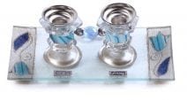 Glass Mini Candlesticks Set Blue & Silver Flowers
