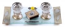  Glass Candlesticks Set with Matches Silver Pomegranates