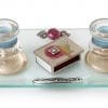 Lily Art Hand Painted Glass Candlesticks Matches and Tray Pomegranate Theme